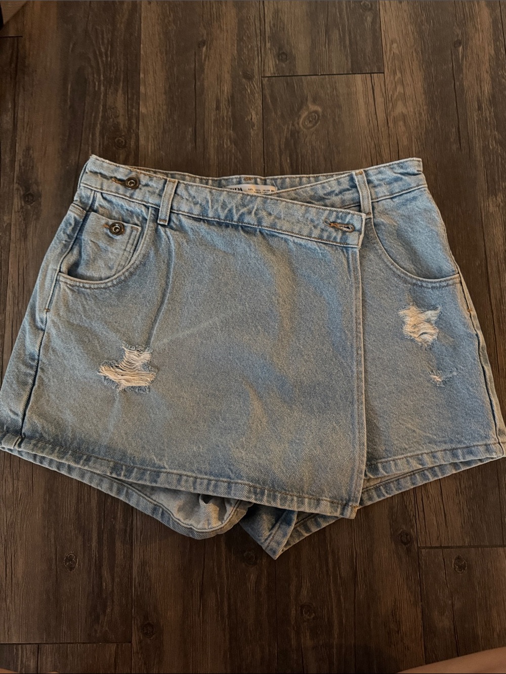 Zara Light Blue Distressed Denim Wrap-Style Shorts